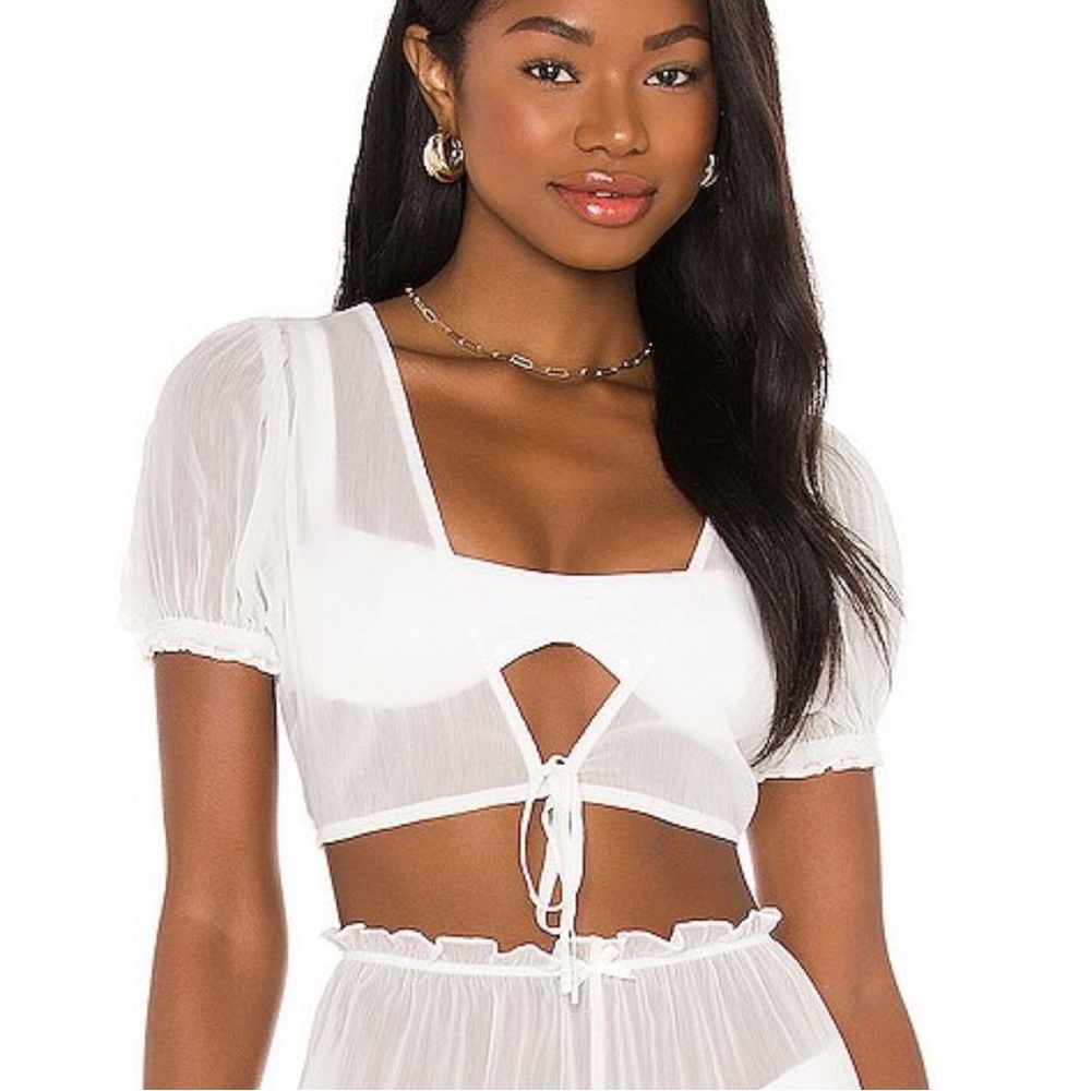 WeWoreWhat Swim NWT Puff Sleeve Top white tie front cropped sheer gauzy coverup